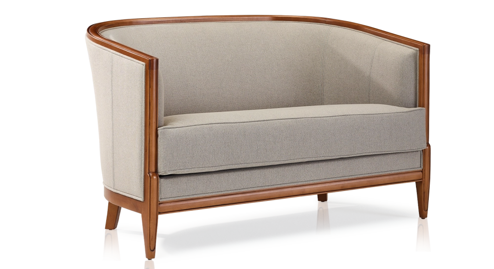 Sofá antiguo de 2 plazas con reposabrazos moldurados bois teinte ancienne et tissu beige naturel