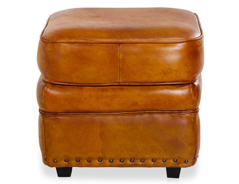 Pouf cuir cognac bord clouté