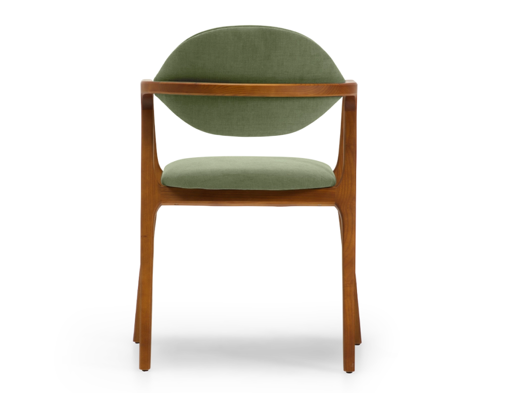 Silla de diseño con reposabrazos madera tinte cerezo y tejido verde