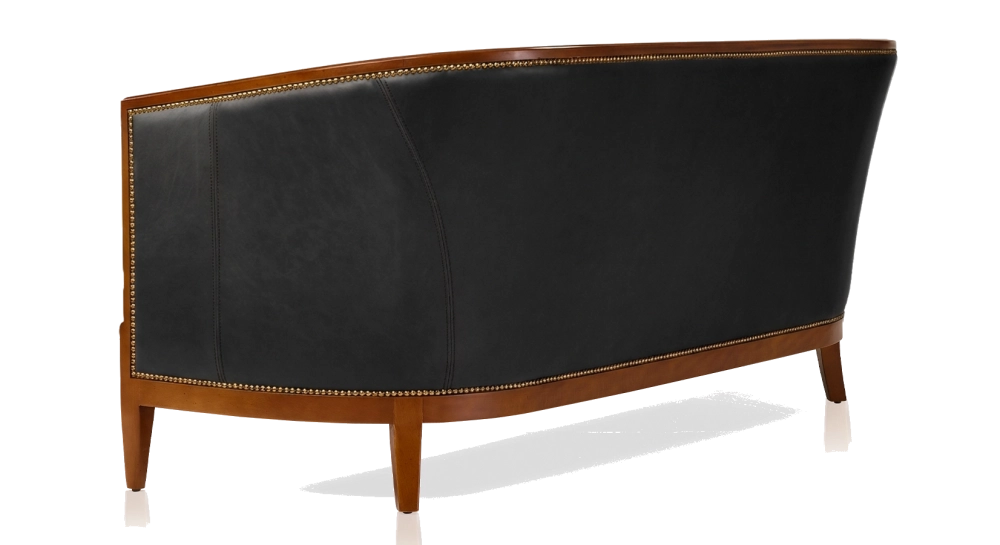 Antique 3 seater sofa with moulded armrests bois teinte ancienne et cuir noir