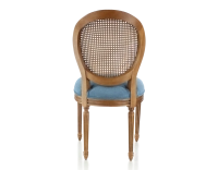Silla antigua estilo Luis XVI madera tinte envejecido respaldo de rejilla asiento tejido azul vaquero