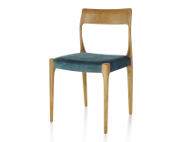 Chaise scandinave bois teinte merisier assise tissu velours bleu pétrole