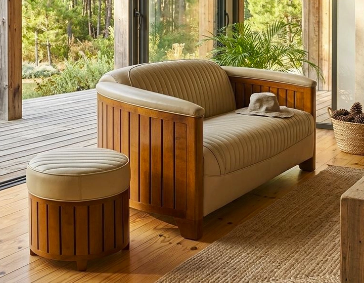 Pouf rond bois et cuir beige