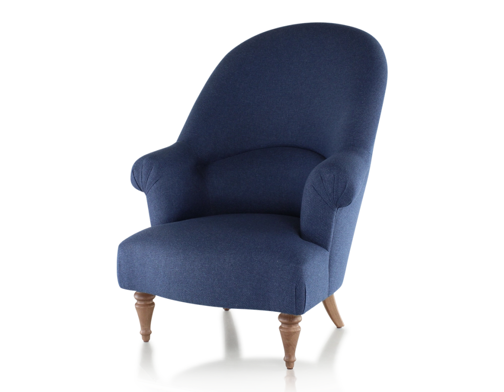 Toad armchair with armrests walnut-stained wooden legs and navy blue high-back fabric