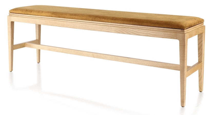 Banco de diseño madera tinte natural asiento tejido terciopelo bronce L160 cm