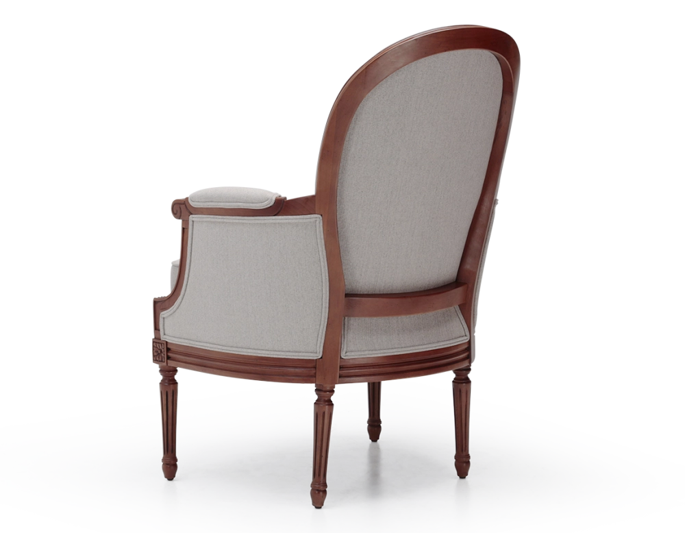 Fauteuil bergère mouluré style Louis XVI bois teinte ancienne et tissu beige naturel