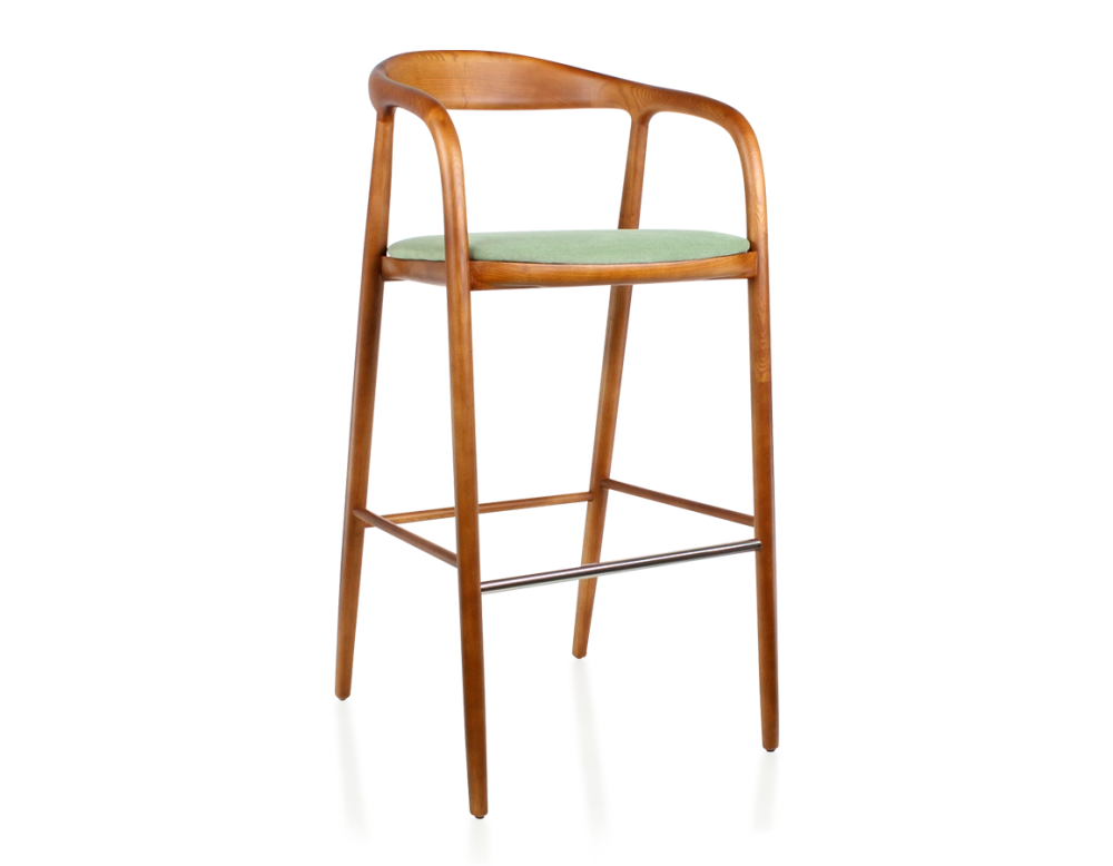 Tabouret de bar h80 cm teinte merisier assise tissu vert bois teinte merisier et tissu vert