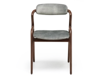 Scandinavian chair walnut wood with a grey-blue velvet fabric seat.