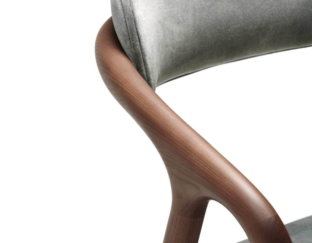 Scandinavian chair walnut wood with a grey-blue velvet fabric seat.