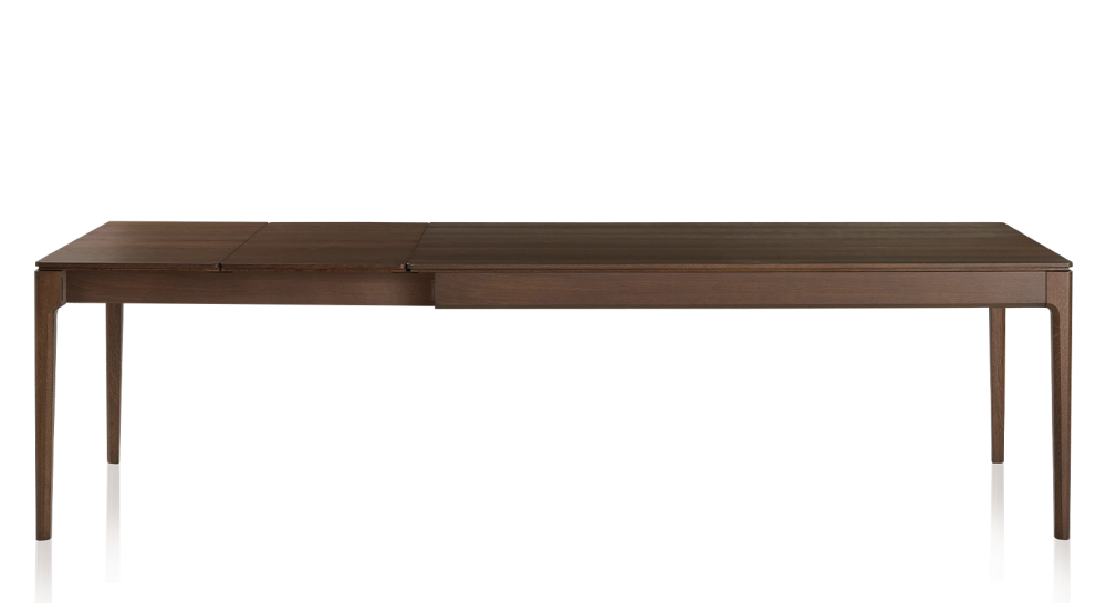 Extendable oak table for 8 to 12 people with dark brown stained wood top and extensions 180x100 cm