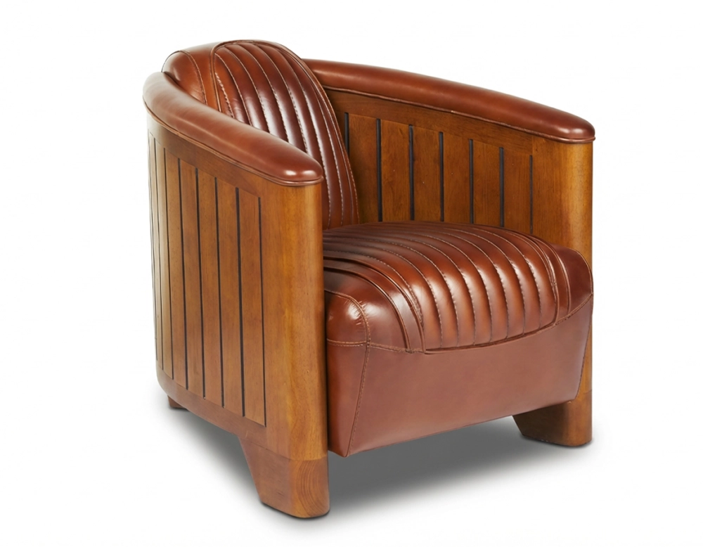 Club armchair in wood and leather vintage brown