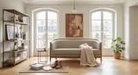 Canapé vintage 2 places bois teinte meriser et tissu gris clair