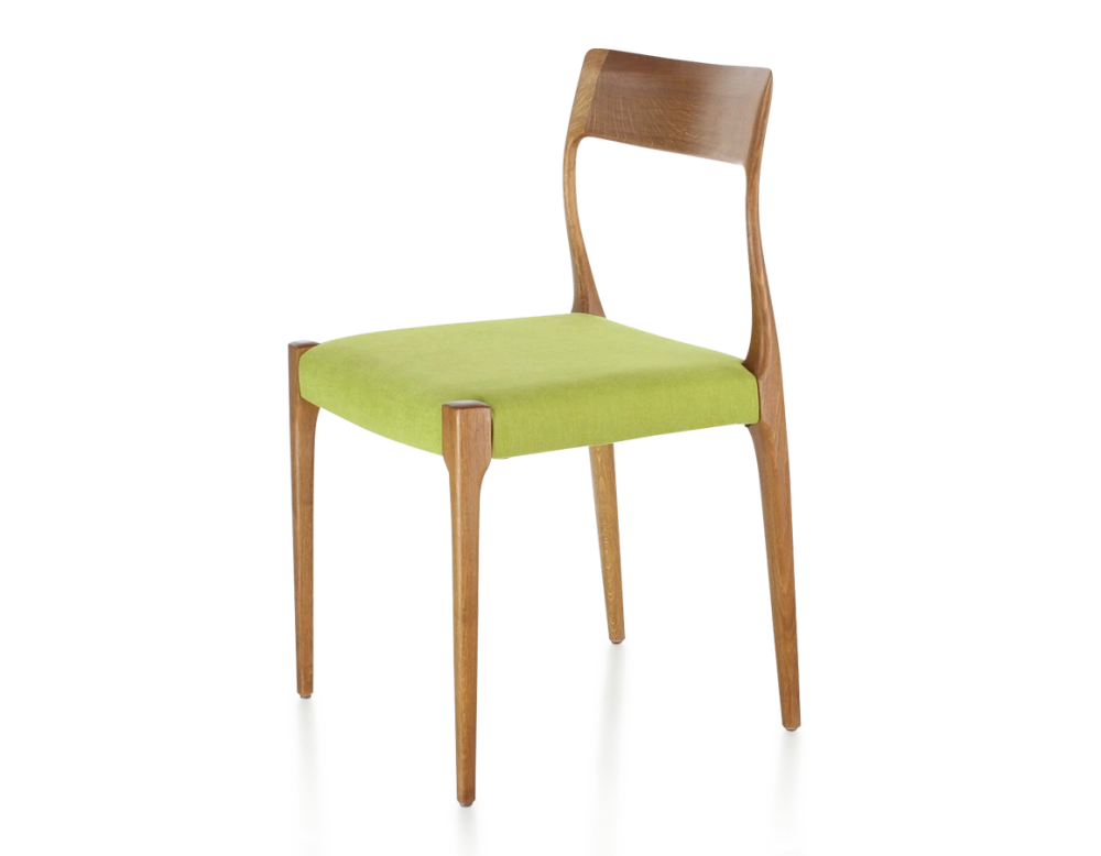 Scandinavian chair cherry-stained wood, apple green fabric seat