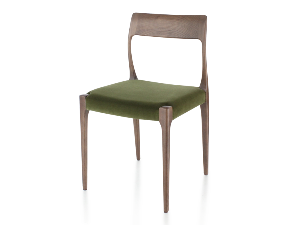 Chaise scandinave bois teinte marron foncé assise tissu vert olive
