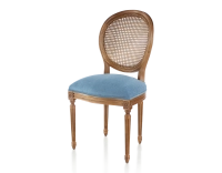 Silla antigua estilo Luis XVI madera tinte envejecido respaldo de rejilla asiento tejido azul vaquero