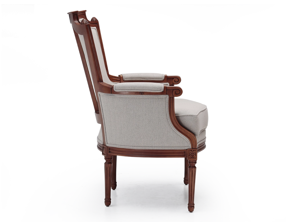Sillón bergère estilo Luis XVI madera con tinte envejecido y tejido beige natural