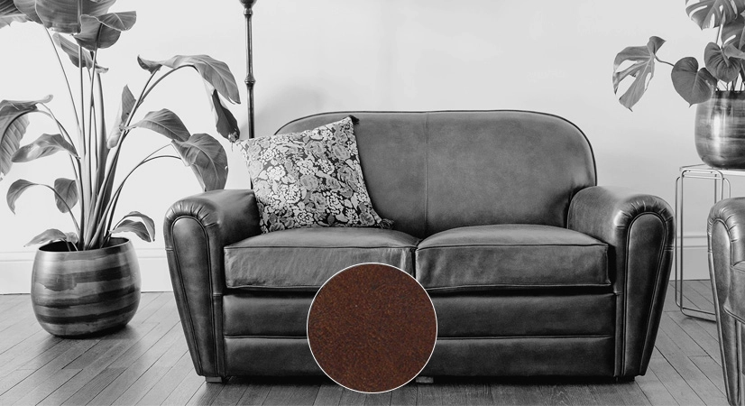 2 seater leather club sofa dark brown piped armrests