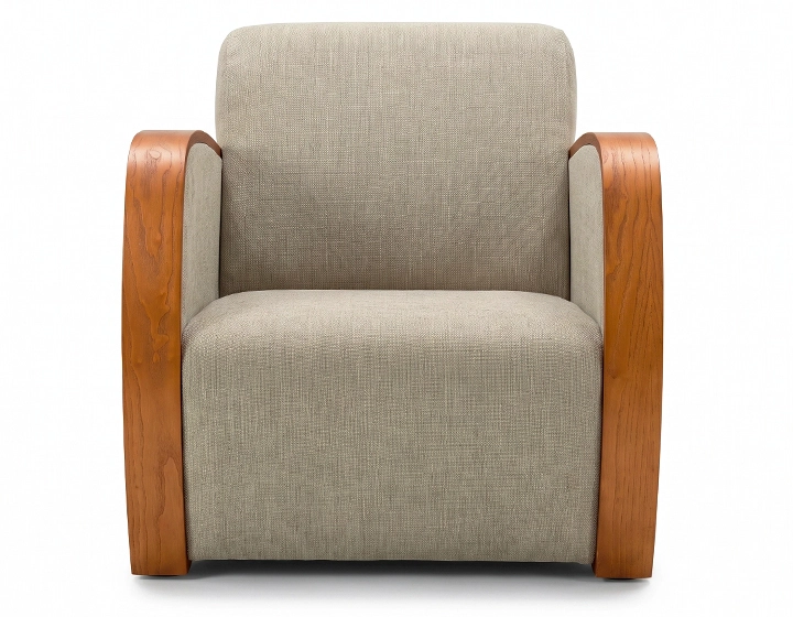 Sillón de diseño bois teinte merisier et tissu vert bambou