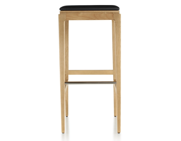 H80 cm designer bar stool natural tint wood, ebony leather seat