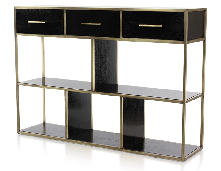 Console design frêne laqué noir et métal patine laiton