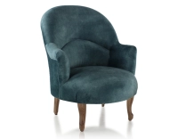 Sillón crapaud con reposabrazos patas de madera tinte nogal y tejido terciopelo azul petróleo
