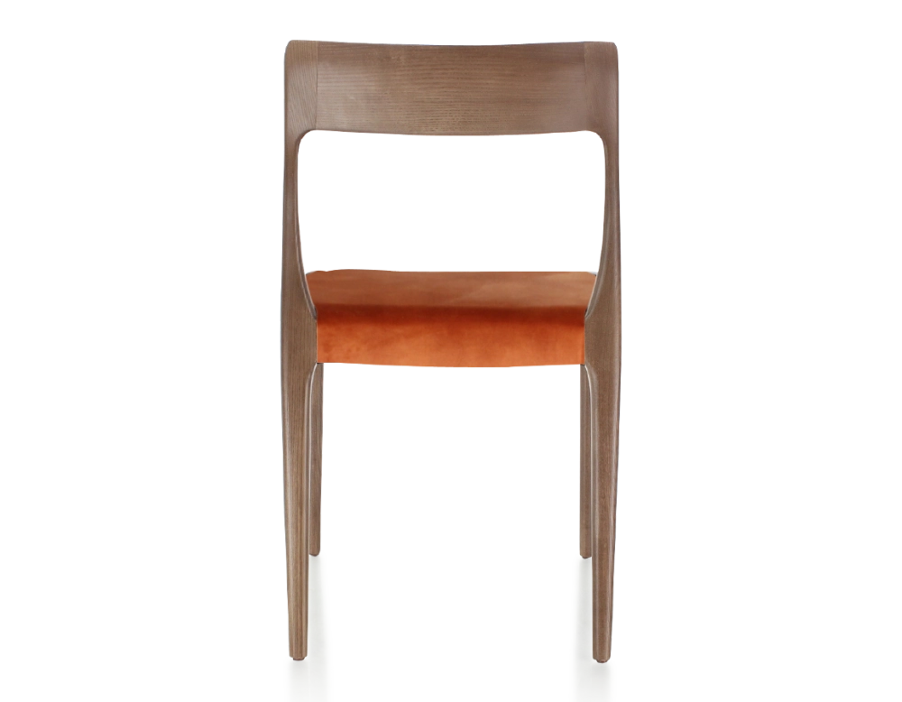 Scandinavian chair wood stained dark brown seat terracotta velvet fabric