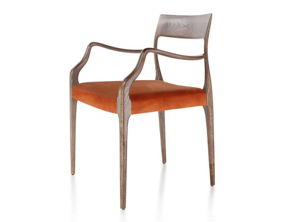Chaise scandinave avec accoudoirs bois teinte marron foncé assise tissu velours terracotta
