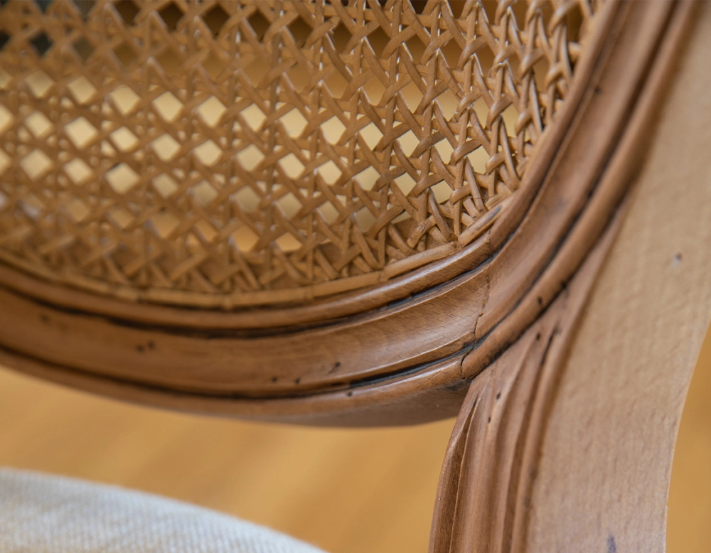 Antique Louis XVI style chair wood stained old style caned back seat natural beige fabric