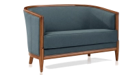 Sofá antiguo de 2 plazas con reposabrazos moldurados bois teinte ancienne et tissu bleu océan