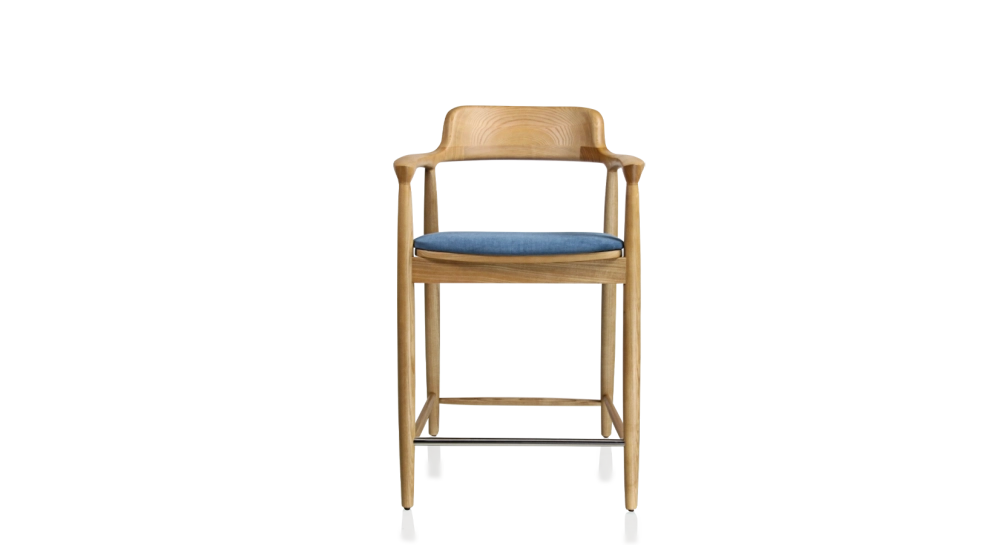 Taburete de bar h60 cm madera tinte natural asiento tejido azul vaquero