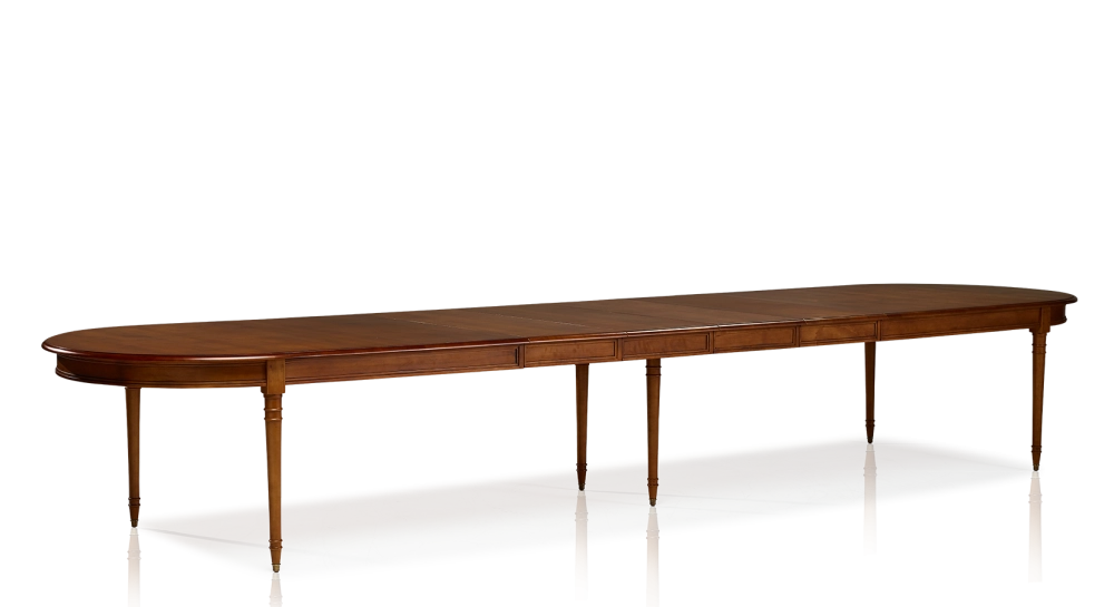 Louis XVI round extending table for 6 to 18 people wood in antique stain and beige fabric 110x120cm