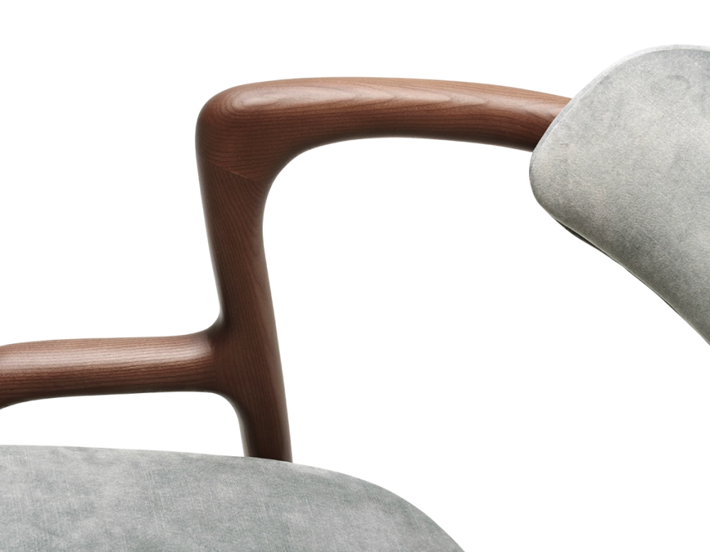 Scandinavian chair walnut wood with a grey-blue velvet fabric seat.