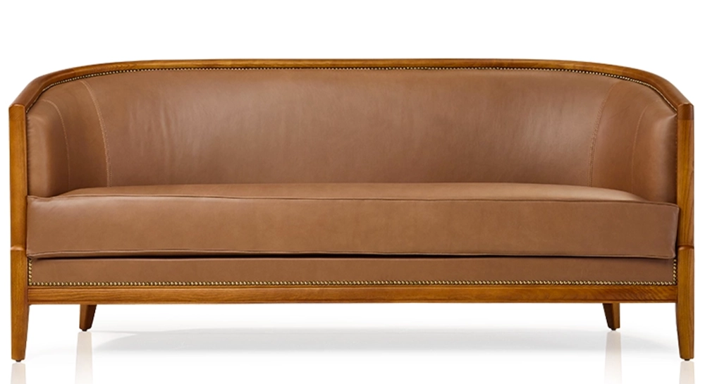 Antique 3 seater sofa cherry-stained wood and hazelnut leather