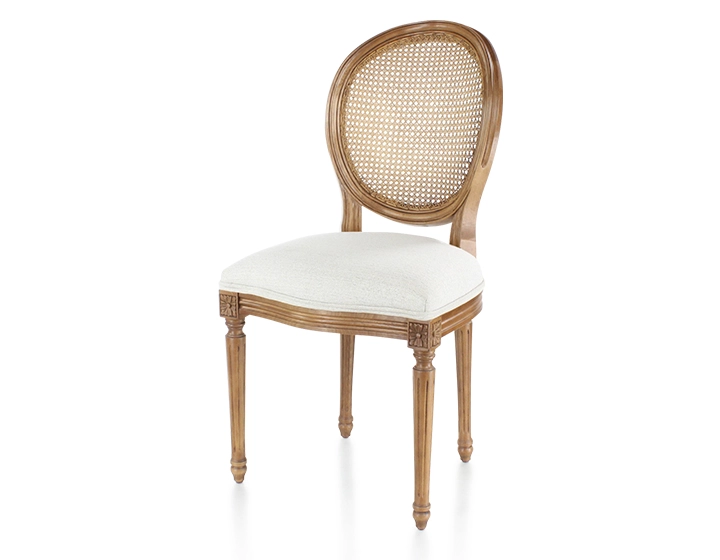 Antique Louis XVI style chair wood stained old style caned back seat natural beige fabric