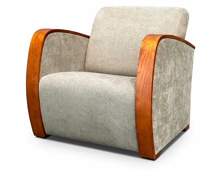 Sillón de diseño bois teinte merisier et tissu vert bambou