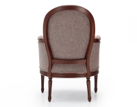Fauteuil bergère mouluré style Louis XVI bois teinte ancienne et tissu chiné beige, gris et orange