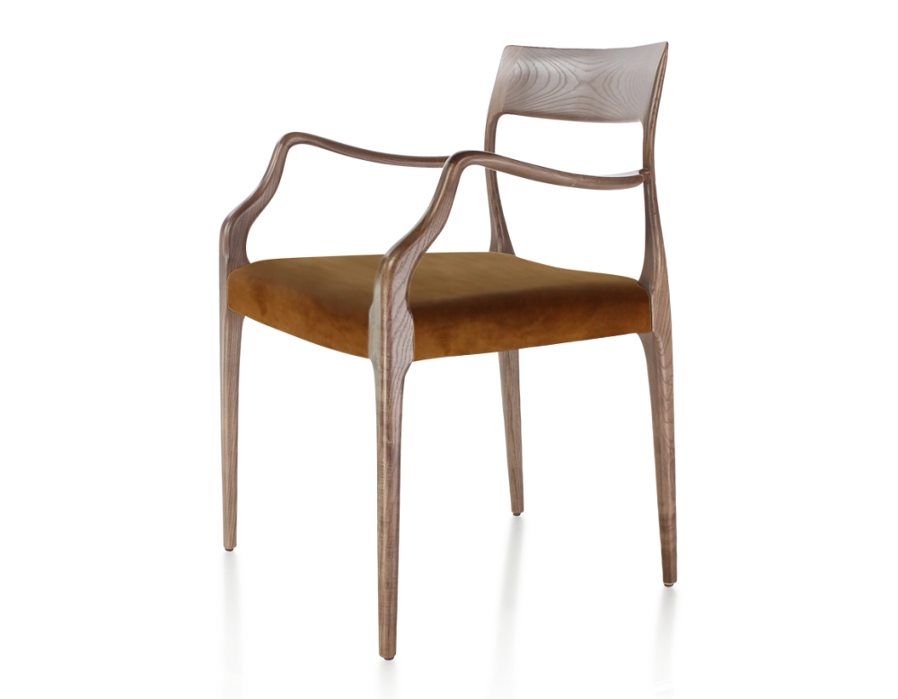 Chaise scandinave avec accoudoirs bois teinte marron foncé assise tissu velours bronze
