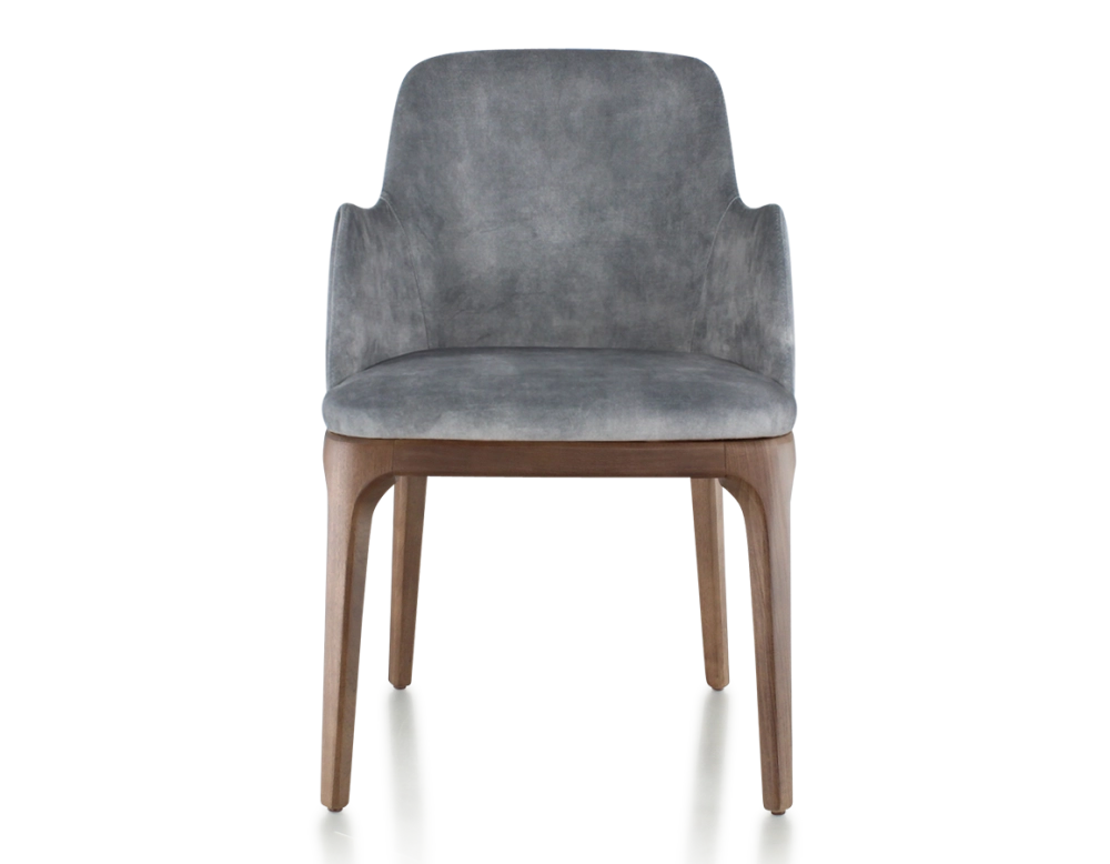 Silla de diseño con reposabrazos madera tintada en marrón oscuro y tejido de terciopelo gris