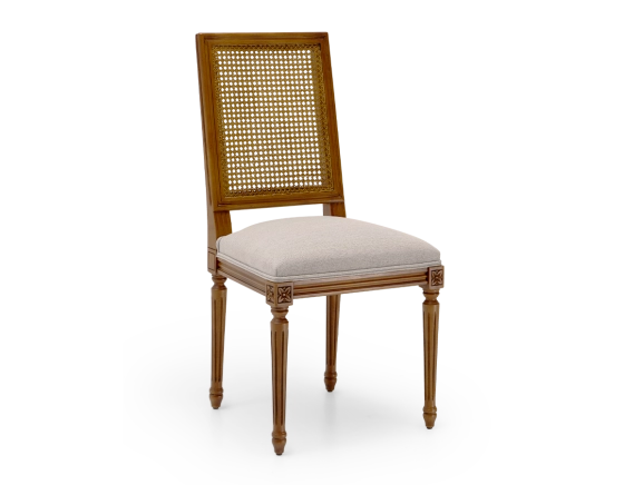 Louis XVI style antique chair cane back chair with light grey fabric seat