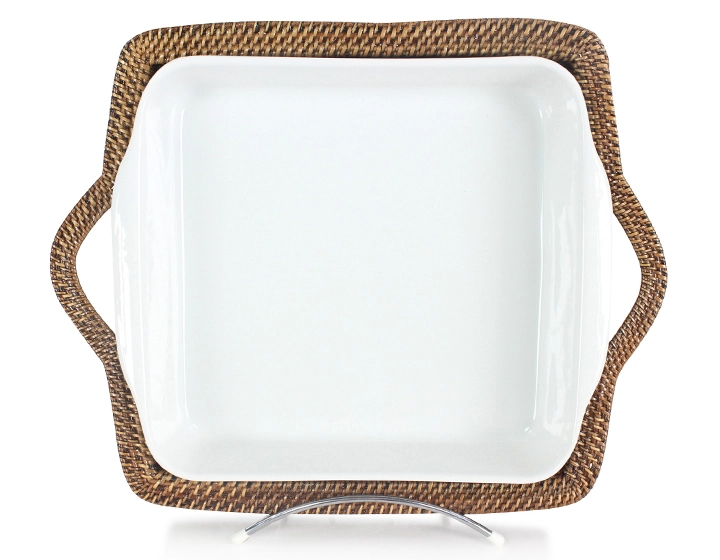 Plat porcelaine carré avec support en fleur de rotin moyen modèle