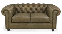Sofá Chesterfield de piel 2 plazas verde oliva reposabrazos con tachuelas
