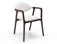 Chaise design avec accoudoirs bois teinte marron foncé et tissu bouclé blanc