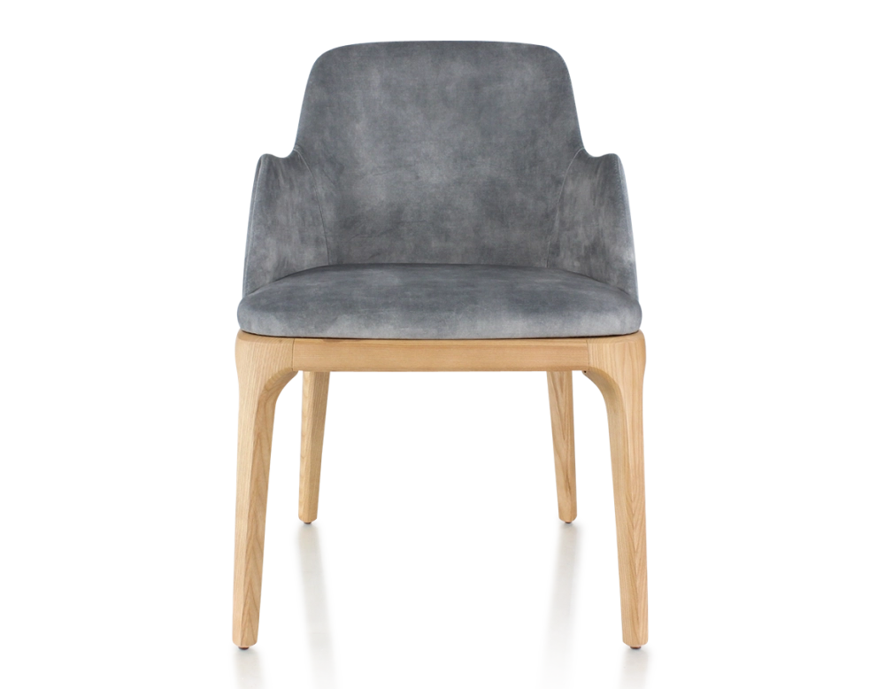 Chaise design avec accoudoirs bois teinte naturelle et tissu velours gris