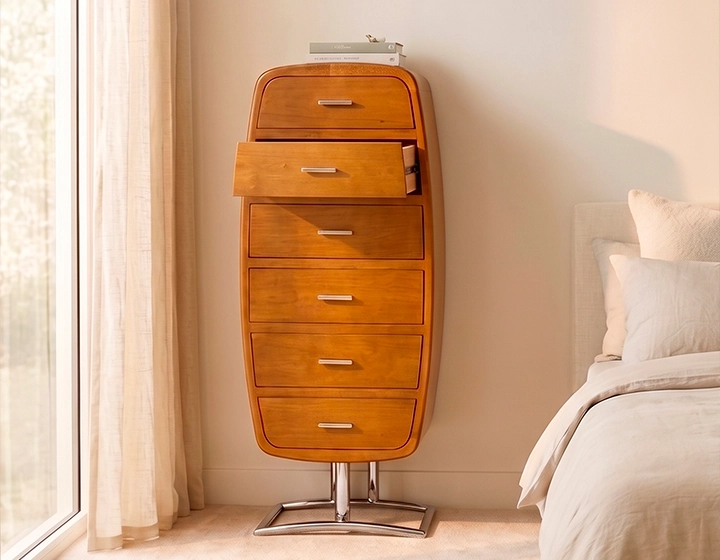 Chiffonnier art déco métal et bois teinte merisier