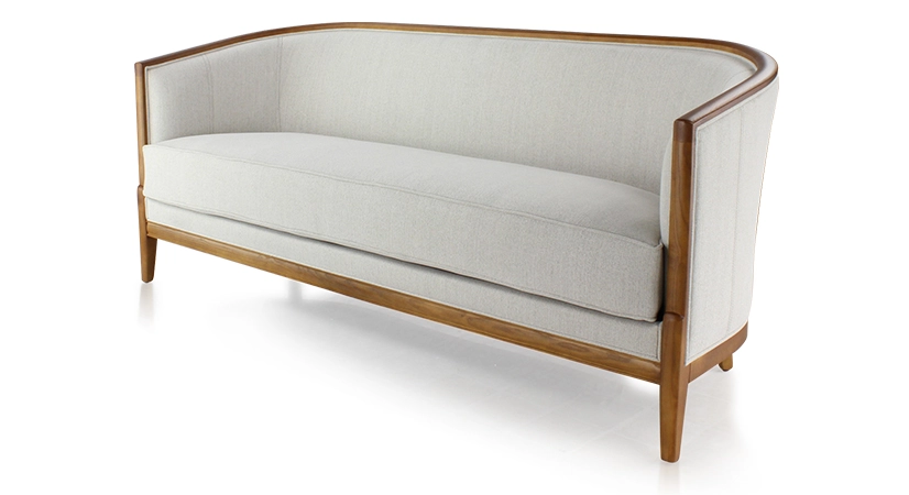 Canapé ancien 3 places bois teinte merisier et tissu beige naturel