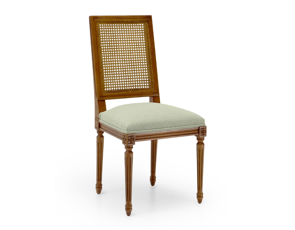 Chaise ancienne style Louis XVI dossier canné assise tissu vert sauge
