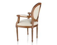 Chaise ancienne style Louis XVI avec accoudoirs bois teinte ancienne et tissu chevron beige