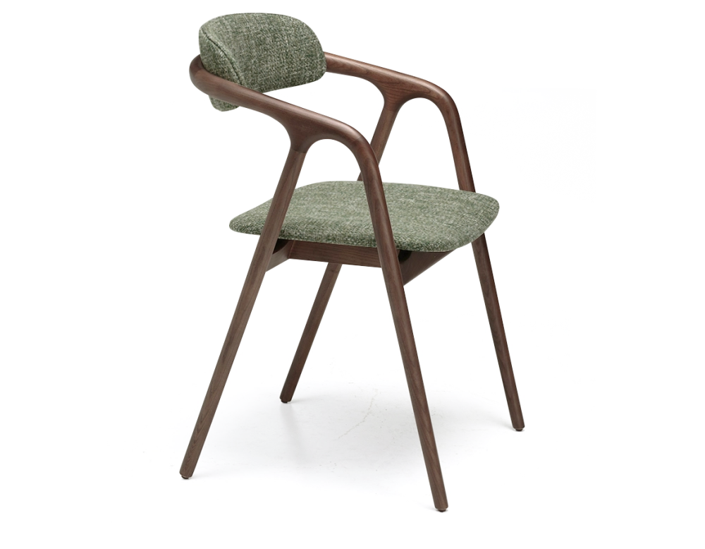 Chaise scandinave bois teinte marron foncé assise tissu chiné vert