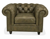 Fauteuil chesterfield cuir vert olive accoudoirs cloutés