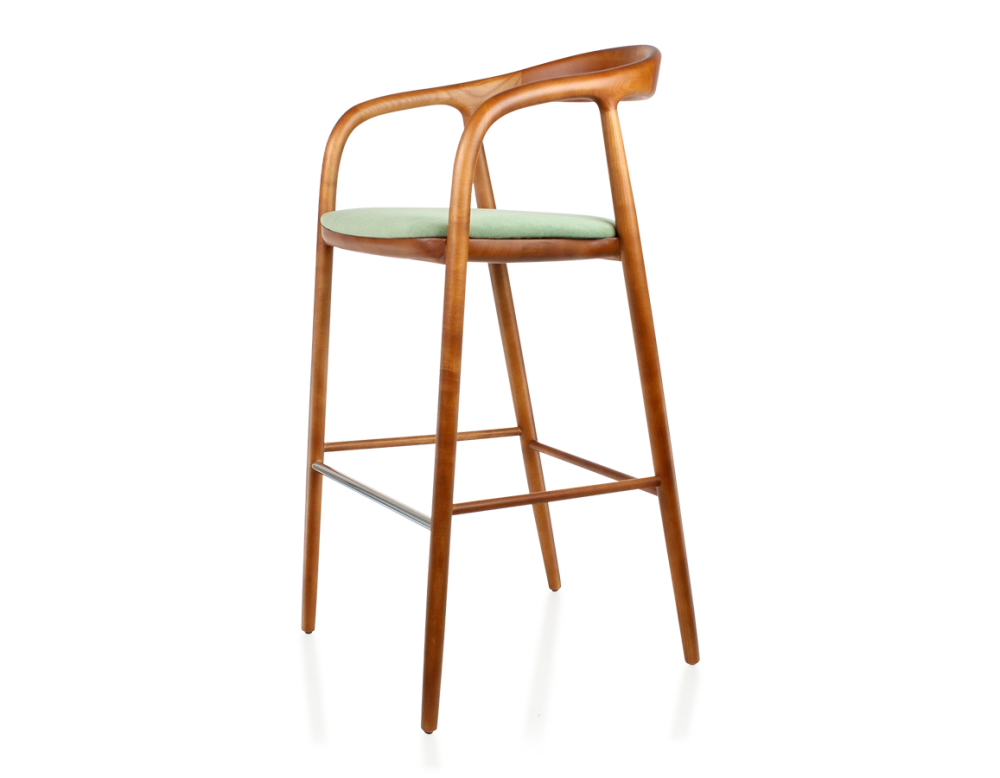 Tabouret de bar h80 cm teinte merisier assise tissu vert bois teinte merisier et tissu vert